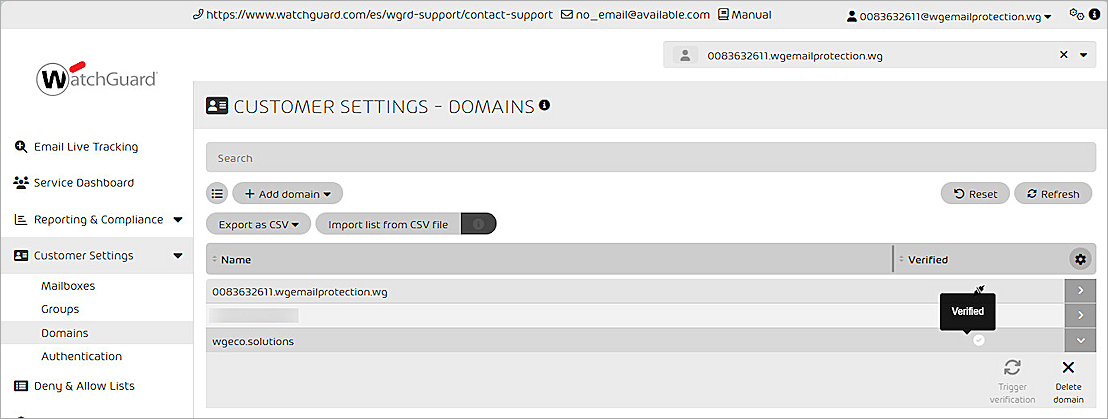 Screenshot of the WatchGuard Email Protection trigger domain verification